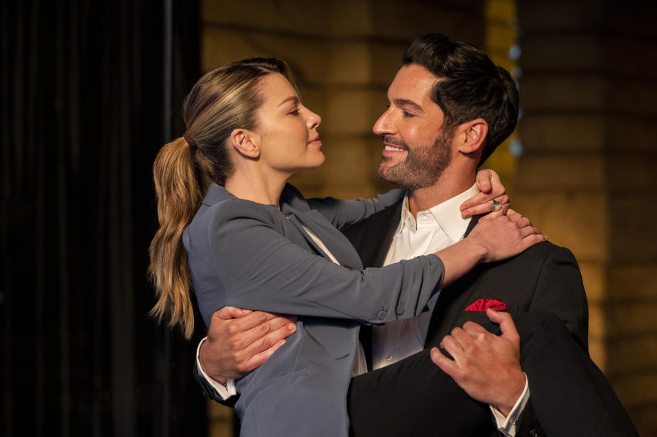 This image released by Netflix shows Lauren German, left, and Tom Ellis in a scene from "Lucifer." The final season of the popular supernatural series is streaming on Netflix. ( John P. Fleenor/Netflix via AP)