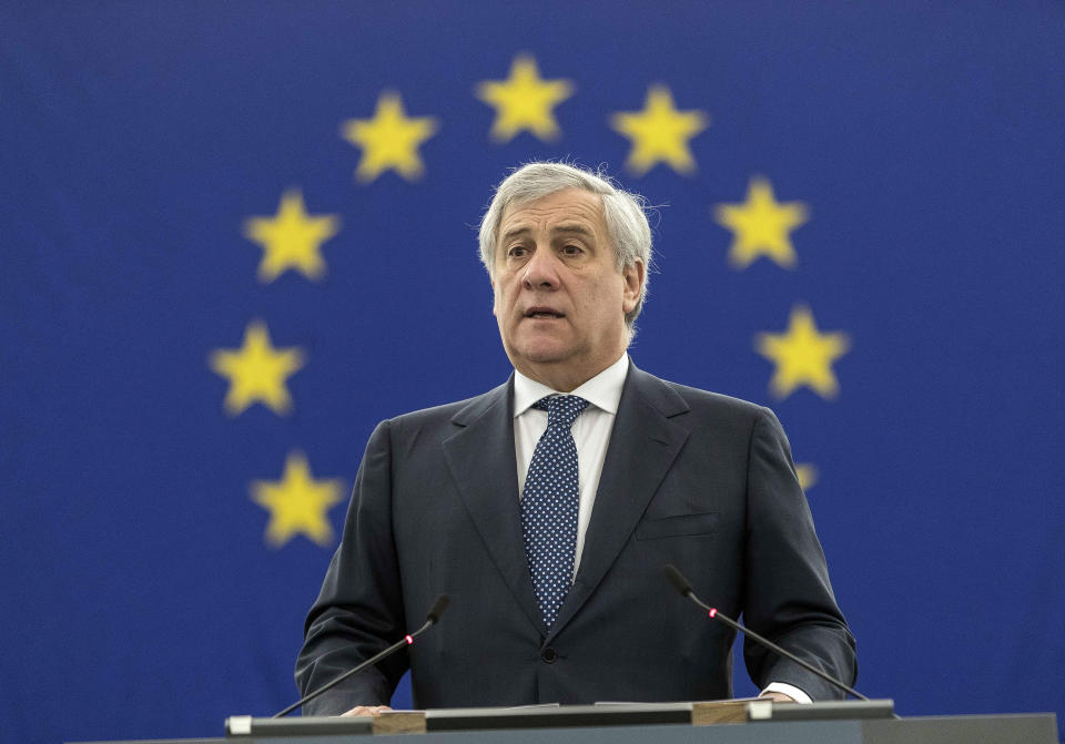 European Parliament President Antonio Tajani speaks at the European Parliament during a debate on Brexit, Wednesday, Jan.16, 2019 in Strasbourg, eastern France. Barnier says the bloc is stepping up preparations for a chaotic no-deal departure of Britain from the bloc after the rejection of the draft withdrawal deal in London left the EU "fearing more than ever that there is a risk" of a cliff-edge departure. (AP Photo/Jean-Francois Badias)