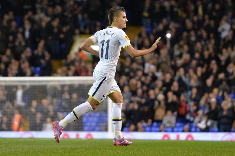 Tottenham Hotspur's Erik Lamela celebrates scoring his team's second goal during their UEFA Europa League match against Asteras Tripolis, at White Hart Lane in London, on October 23, 2014