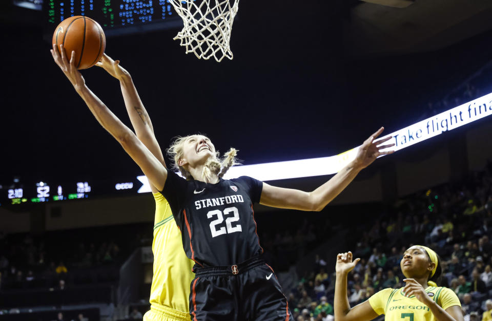 Stanford forward Cameron Brink (22) shoots against Oregon during the second half of an NCAA college basketball game in Eugene, Ore., Saturday, March 2, 2024. Stanford beat Oregon 76-56. (AP Photo/Thomas Boyd)