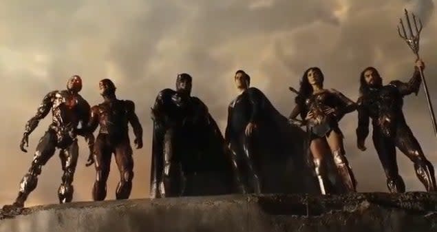 The Justice League standing at the top of a nuclear cooling tower in "Zack Snyder's Justice League"