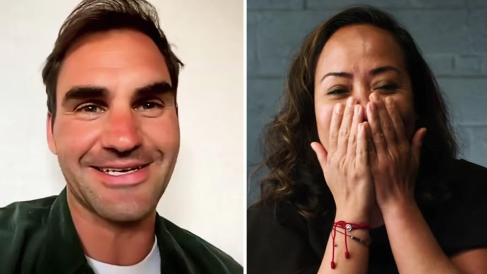 Roger Federer (pictured left) surprised frontline nurse in Christianne Calderon (pictured right) on Mother's Day. (Images: ESPN)