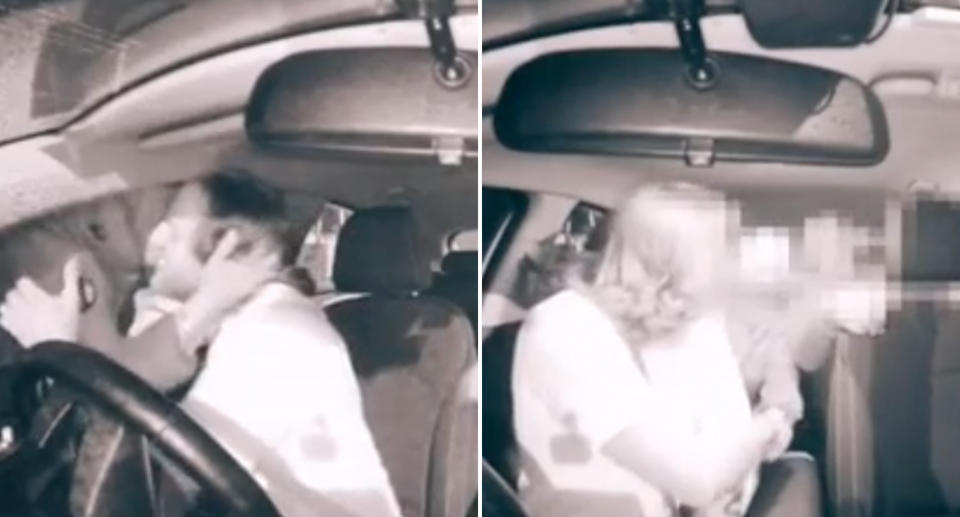 Dashcam still of the woman reaching through James's car window to give him a hug. The couple shaking the driver's hand at the end of the ride.