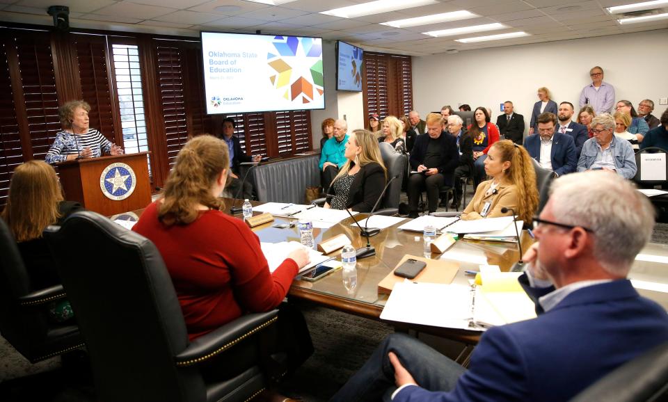 Board members listen to public comment Thursday during a meeting with the Oklahoma State Board of Education in Oklahoma City.