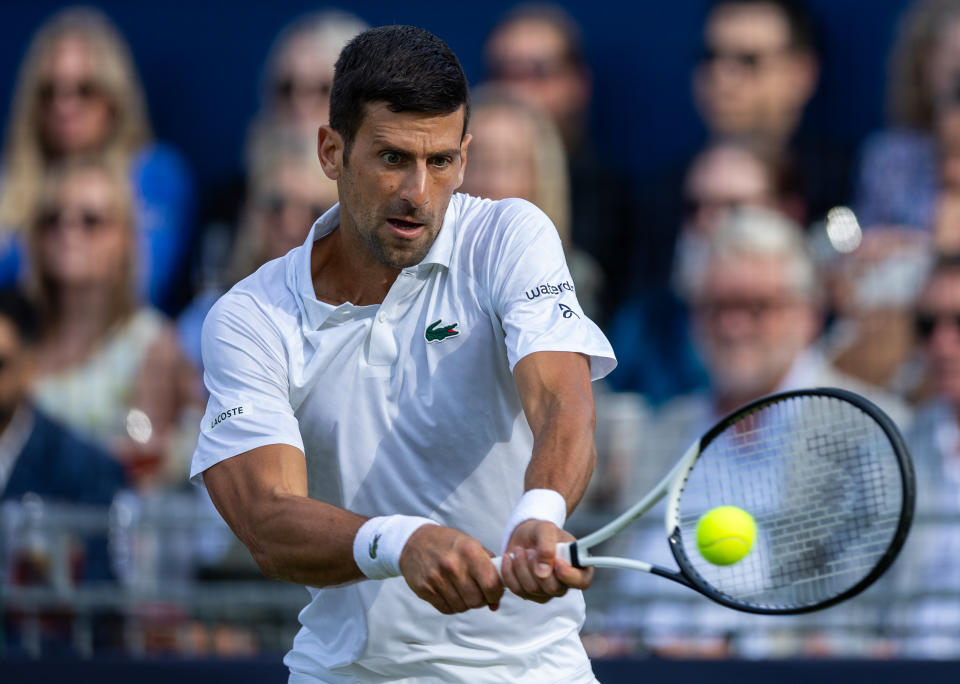 Novak Djokovic in action against Frances Tiafoe on day three of the Giorgio Armani Tennis Classic at The Hurlingham Club, London. Picture date: Thursday June 29, 2023. (Photo by Steven Paston/PA Images via Getty Images)