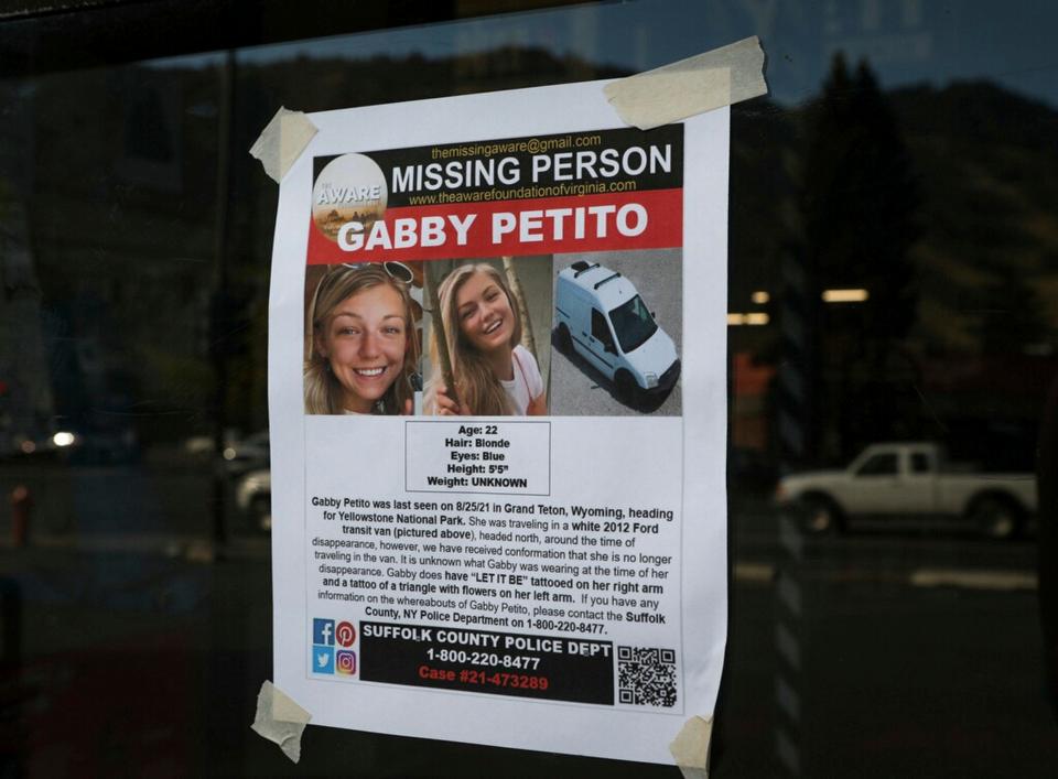 The Suffolk County Police Department distributed missing person flyers for Gabby Petito in Jackson, Wyo. Petito, 22, vanished while on a cross-country trip in a converted camper van with her boyfriend.