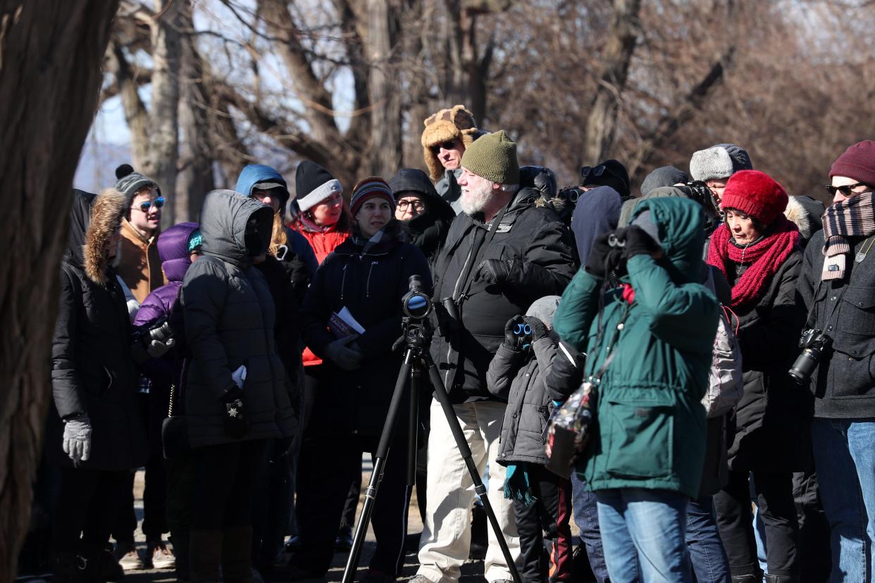 Participants brave the cold and high winds as they go for a bird walk along the Hudson River during the annual Hudson River Eaglefest at Croton Point Park Feb. 9,  2019.