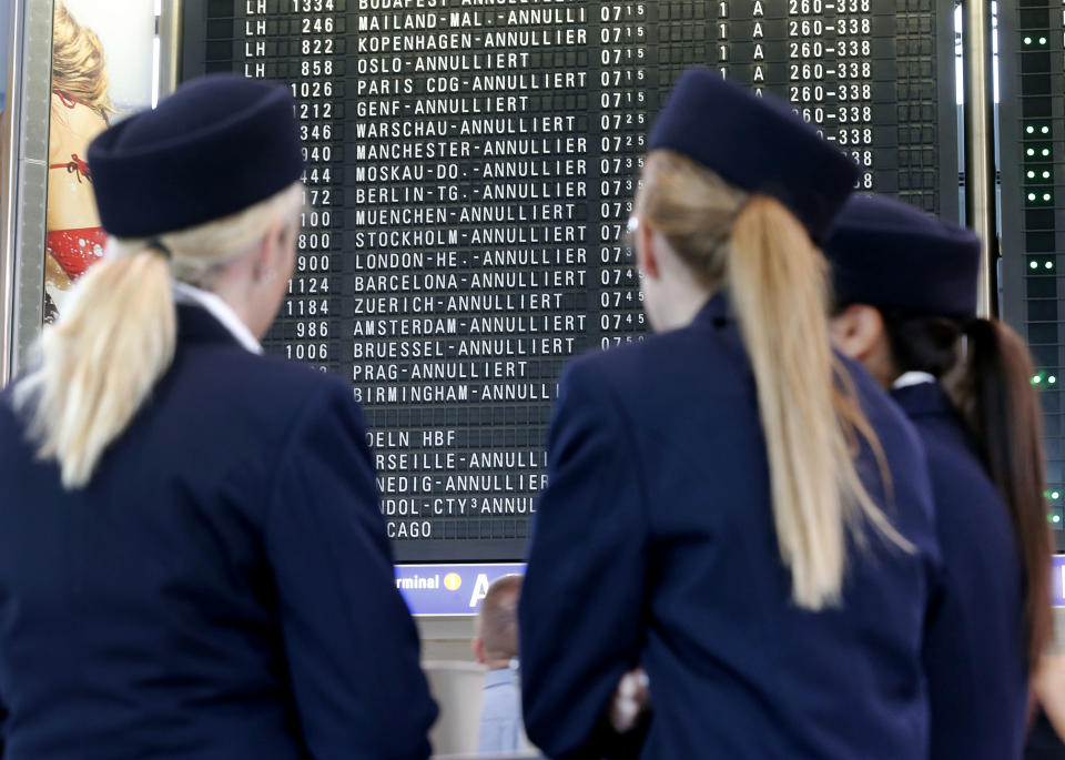 Canceled flights are displayed on a board as flight attendants of German Lufthansa airline go on an 24-hour strike for higher wages at the airport in Frankfurt, Germany, Friday, Sept. 7, 2012. Lufthansa canceled about 1,200 flights. (AP Photo/Michael Probst)