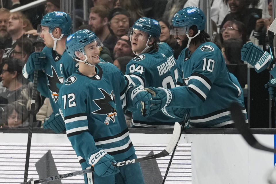 San Jose Sharks left wing William Eklund (72) celebrates after scoring during the second period of an NHL hockey game against the Los Angeles Kings Monday, Jan. 22, 2024, in Los Angeles. (AP Photo/Ashley Landis)