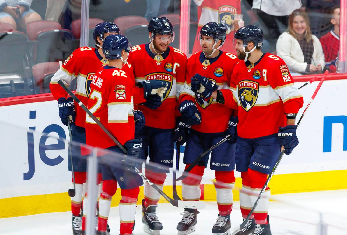 Florida Panthers center Aleksander Barkov (16) celebrate with teammates after scoring a goal during the first period of an NHL game against Montreal Canadiens at FLA Live Arena on Thursday, December 29, 2022 in Sunrise, Fl.