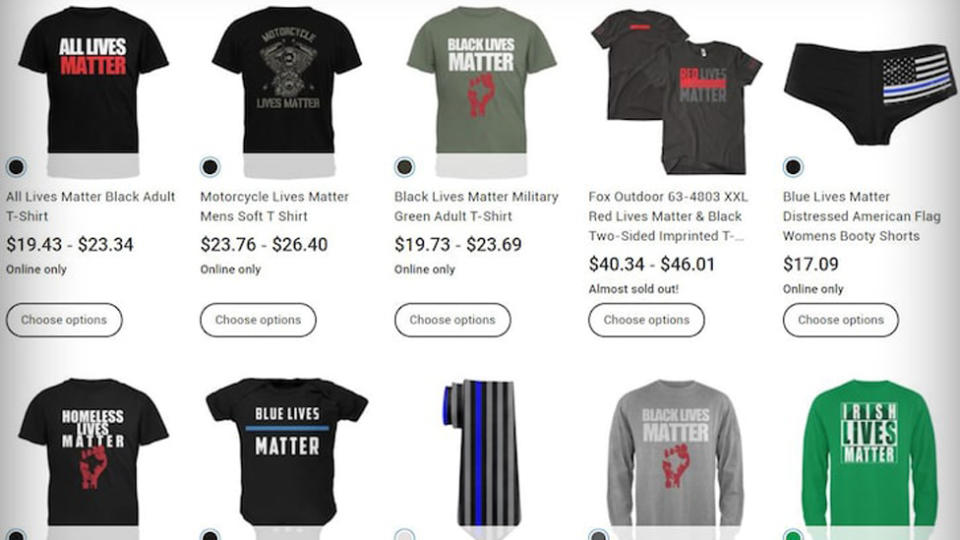 T-shirts were spotted online in Walmart Canada that included the phrases ‘Irish lives matter', 'homeless lives matter', 'motorcycle lives matter', and 'red lives matter'. Source: Wallmart