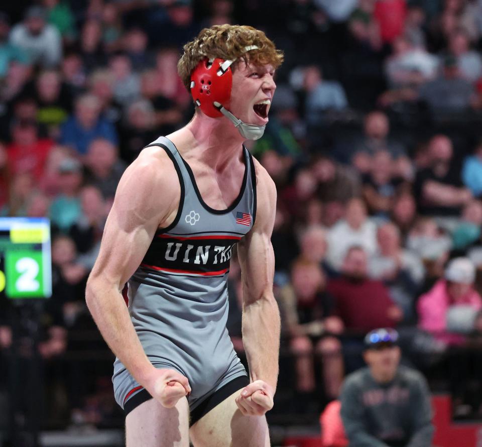 Brody Rhoades, Uintah, celebrates in the 4A boys wrestling state championships at UVU in Orem on Saturday, Feb. 17, 2024. | Jeffrey D. Allred, Deseret News