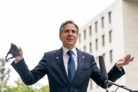 Secretary of State Antony Blinken gives a statement at the start of the Second Berlin Conference on Libya at the Ministry of Foreign Affairs in Berlin, Wednesday, June 23, 2021. Blinken begins a week long trip in Europe traveling to Germany, France and Italy. (AP Photo/Andrew Harnik, Pool)