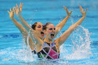 LONDON, ENGLAND - AUGUST 05: Etel Sanchez and Sofia Sanchez of Argentina compete in the Women's Duets Synchronised Swimming Technical Routine on Day 9 of the London 2012 Olympic Games at the Aquatics Centre on August 5, 2012 in London, England. (Photo by Clive Rose/Getty Images)