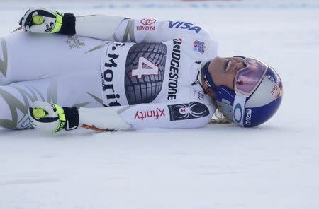 Alpine Skiing - FIS Alpine Skiing World Cup - Women's Alpine Super G - St. Moritz, Switzerland - December 9, 2017 - Lindsey Vonn of the U.S. reacts at the finish line. REUTERS/Arnd Wiegmann