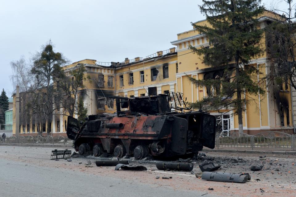 This photograph shows an Ukrainian armoured personnel carrier (APC) BTR-4 destroyed as a result of fight not far from the centre of Ukrainian city of Kharkiv, located some 50 km from Ukrainian-Russian border, on February 28, 2022. (Photo by Sergey BOBOK / AFP) (Photo by SERGEY BOBOK/AFP via Getty Images)