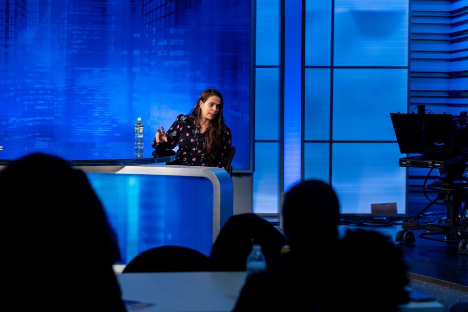 Mar 7, 2024; Montclair, NJ, United States; Comedian, actress, writer, and disability advocate Maysoon Zayid speaks with journalism students in one of the studios in the School of Communication and Media at Montclair State University.