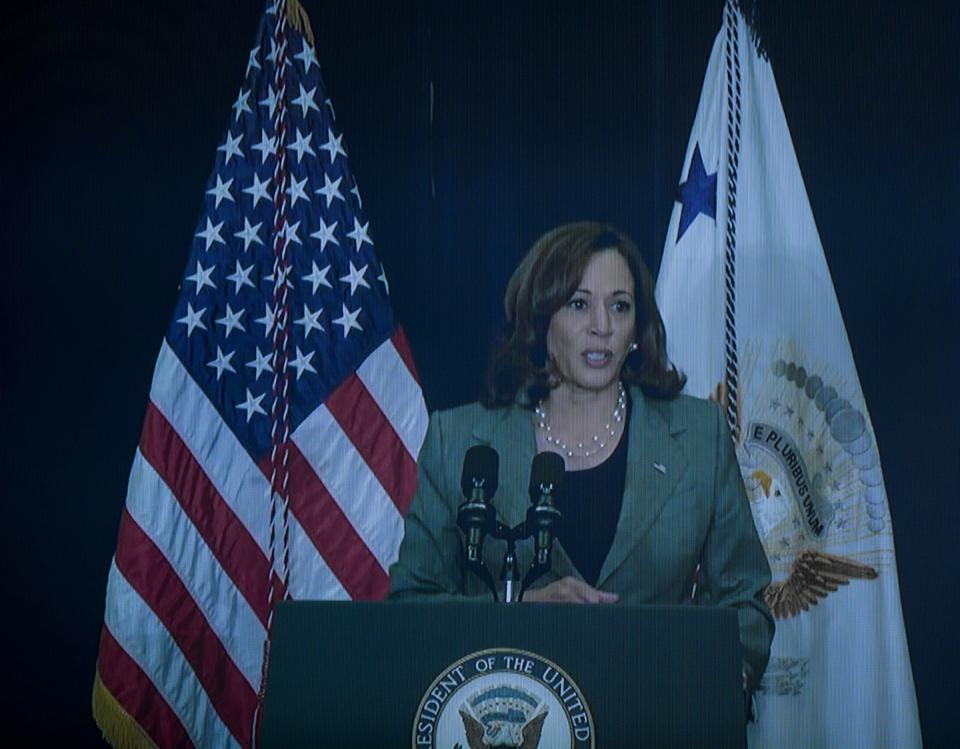 Vice President Kamala Harris gives remarks regarding voting rights, the bans on reproductive rights and other issues ahead of the midterm elections Thursday during the Democratic Attorneys General Association Conference at Pfister Hotel in Milwaukee.