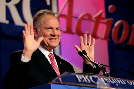 FILE PHOTO: Former Alabama Supreme Court Chief Justice Roy Moore speaks at the Values Voter Summit of the Family Research Council in Washington, DC, U.S. October 13, 2017. REUTERS/James Lawler Duggan/File Photo