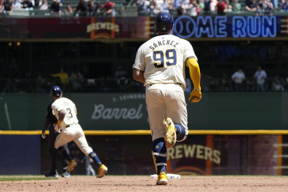 Milwaukee Brewers' Gary Sánchez rounds the bases after hitting a two-run home run during the third inning of a baseball game against the Pittsburgh Pirates Wednesday, May 15, 2024, in Milwaukee. (AP Photo/Morry Gash)