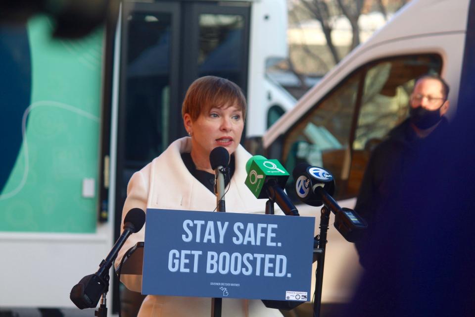 Michigan Department of Health and Human Services Director Elizabeth Hertel speaks during an update on the state's situation with the COVID-19 pandemic on Tuesday, Dec. 21, 2021, outside the Hispanic Center of West Michigan in Grand Rapids, Mich. A Court of Appeals panel ruled Thursday, June 29, 2023, that the law MDHHS used to enact health orders during the pandemic was unconstitutional.