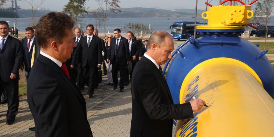 Russian Prime Minister Vladimir Putin and CEO of Russian natural gas giant Gazprom Alexei Miller attend a ceremony to mark the launch of the Sakhalin-Khabarovsk-Vladivostok natural gas pipeline, September 8, 2011 in Vladivostok, Russia.