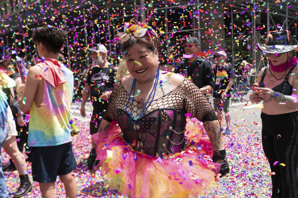 Revelers participate in the NYC Pride March, Sunday, June 25, 2023, in New York. (AP Photo/Eduardo Munoz Alvarez)