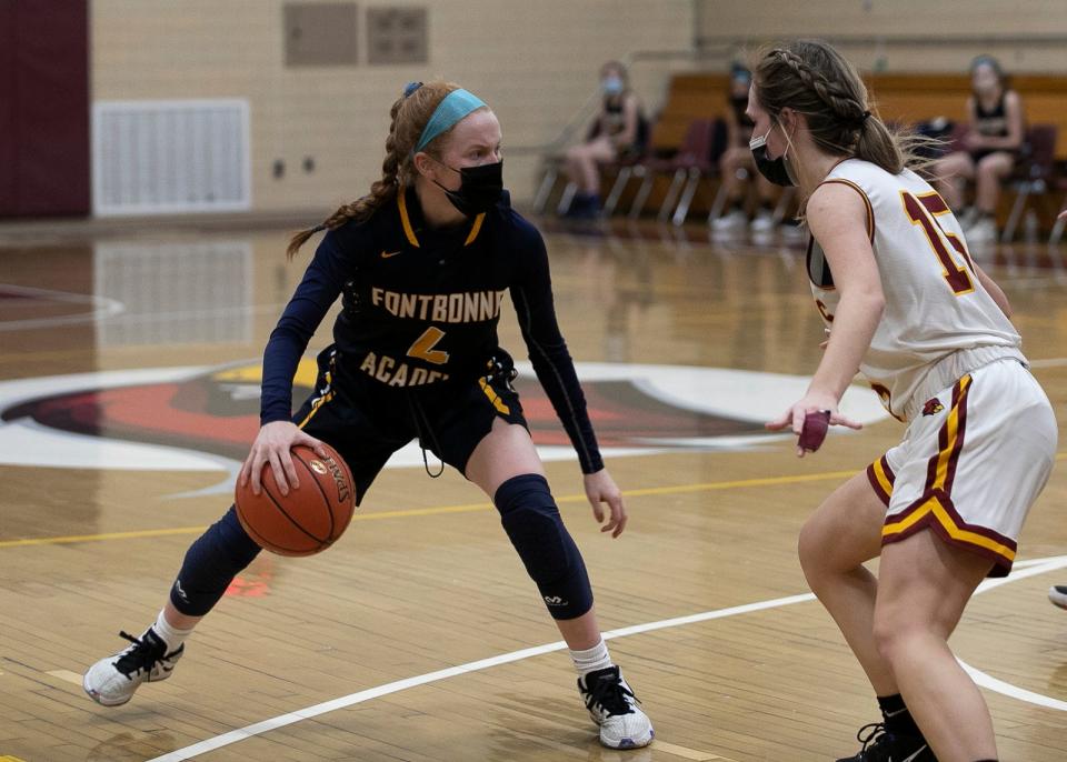 Fontbonne Academy’s Colleen Fogarty dribbles as she looks for a passing opportunity during the game on Monday, Feb. 8, 2021 at Cardinal Spellman High School in Brockton.