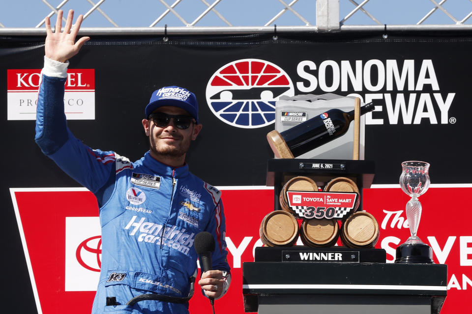 SONOMA, CALIFORNIA - JUNE 06: Kyle Larson, driver of the #5 HendrickCars.com Chevrolet, celebrates in victory lane after winning the NASCAR Cup Series Toyota/Save Mart 350 at Sonoma Raceway on June 06, 2021 in Sonoma, California. (Photo by Maddie Meyer/Getty Images)