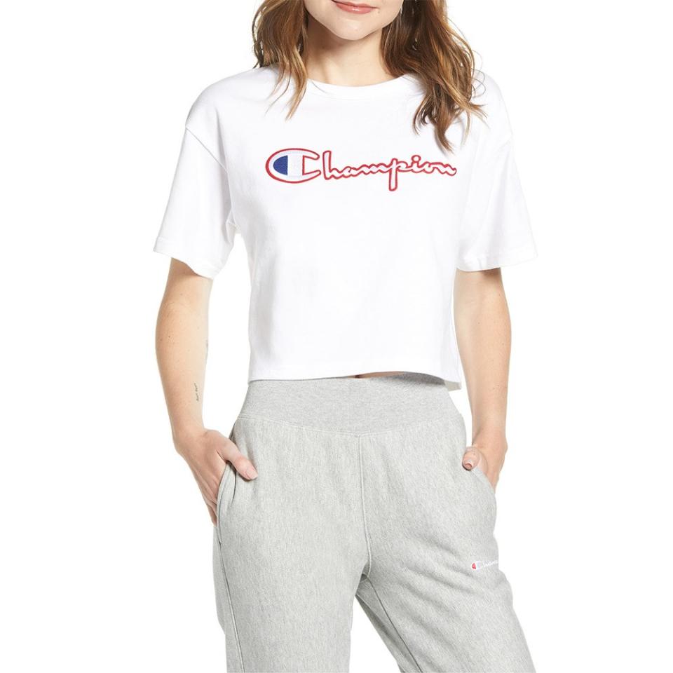 Champion Satin Stitch Embroidered Logo Crop Top, $26