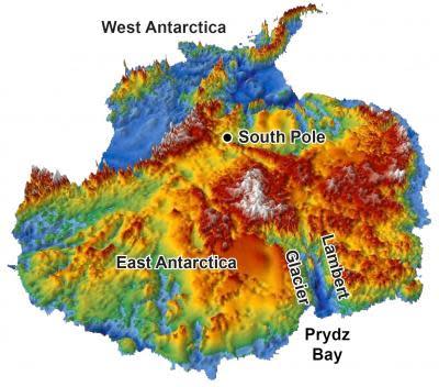 This 3-D reconstruction of the topography hidden under Antarctica's two-mile-thick coating of ice was made using data from radar surveys. The continent was relatively flat before glaciers started carving deep valleys 34 million years ago, a new