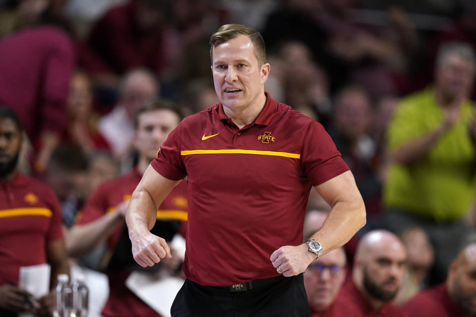 Iowa State head coach T.J. Otzelberger watches from the bench during the first half of an NCAA college basketball game against TCU, Wednesday, Feb. 15, 2023, in Ames, Iowa. (AP Photo/Charlie Neibergall)