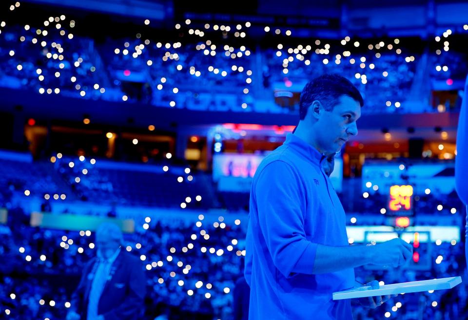 Oklahoma City head coach Mark Daigneault stands during a time out during the NBA basketball game between the Oklahoma City Thunder and the Dallas Mavericks at the Paycom Center in Oklahoma City, Sunday, Jan.8, 2023. 