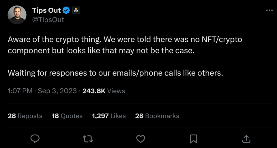 Aware of the crypto thing. We were told there was no NFT/crypto component but looks like that may not be the case.  Waiting for responses to our emails/phone calls like others.