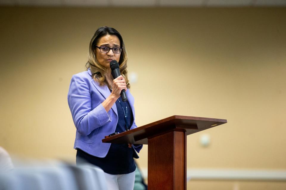 Ottawa County Commissioner Lucy Ebel gives her remarks during a petition language hearing for her recall Monday, July 17, 2023. 