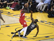 Toronto Raptors forward Pascal Siakam #43 drives to the basket against Golden State Warriors forward Draymond Green #23 during second half basketball action in Game 4 of the NBA Finals in Oakland, California on Friday, June 7, 2019. (Photo by The Canadian Press/Frank Gunn)