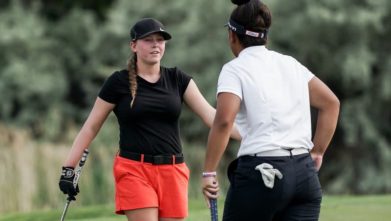 Grace Summerhays and Lila Galeai congratulate each other after Summerhays bested Galeai in the Utah State Junior Amateur finals at Thanksgiving Point Golf Course in Lehi on Friday, June 12, 2020.