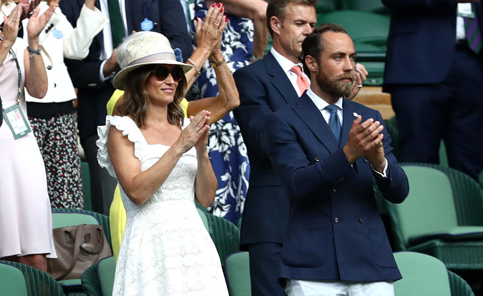 Pippa Matthews and James Middleton applaud Kyle Edmund after his win on centre court on day four of the Wimbledon Championships at the All England Lawn Tennis and Croquet Club, Wimbledon. (Photo by John Walton/PA Images via Getty Images)