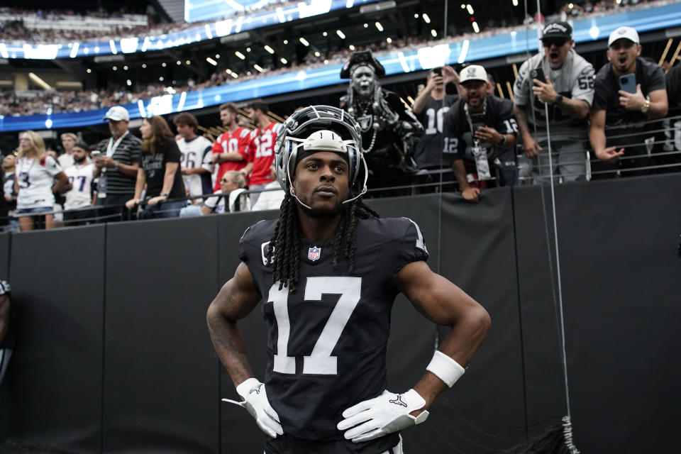 Las Vegas Raiders wide receiver Davante Adams before an NFL football game against the New England Patriots, Sunday, Oct. 15, 2023, in Las Vegas. (AP Photo/John Locher)