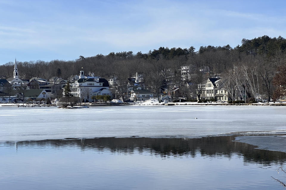 Ice covers too thinly to host the Pond Hockey Classic on Lake Winnipesaukee at Meredith, N.H., Wednesday, Feb. 7, 2024. Like many winter traditions on lakes across the U.S., pond hockey is under threat from climate change. (AP Photo/Nick Perry)