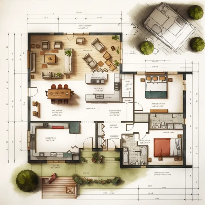 An image created via the AI program Midjourney from Sean Ellul's prompt: "create a floor plan sketch with measurements and dimensions of a house plan built on one floor including two bedrooms three bathrooms kitchen and living and a garden. Include furnishing."<span class="copyright">Sean Ellul</span>