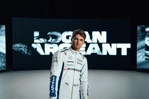 Logan Sargeant, F1 driver for Williams Racing, wears the team's 2024 overalls featuring Komatsu's logo. (Photo: Business Wire)