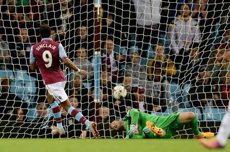 Football - Aston Villa v Notts County - Capital One Cup Second Round - Villa Park - 25/8/15 Aston Villa's Scott Sinclair scores their fourth goal and completes his hat trick Mandatory Credit: Action Images / Alan Walter Livepic