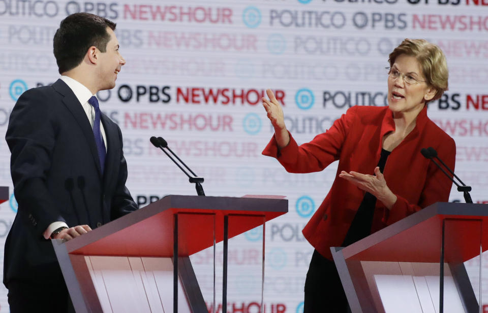 On Dec. 19, 2019, Sen. Elizabeth Warren lit into Pete Buttigieg on the debate stage in Los Angeles for attending a fundraiser at a &ldquo;wine cave&rdquo; in Napa Valley, California. (Photo: AP Photo/Chris Carlson, File)