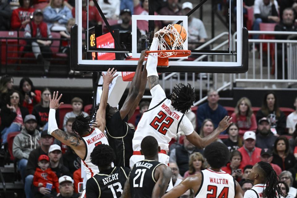 Texas Tech forward Warren Washington (22) takes a shot against Central Florida forward Thierno Sylla during the first half of an NCAA college basketball game, Saturday, Feb. 10, 2024, in Lubbock, Texas. (AP Photo/Justin Rex)