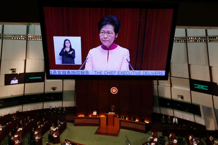 Hong Kong Chief Executive Carrie Lam delivers her annual policy address at the Legislative Council in Hong Kong, China October 10, 2018. REUTERS/Bobby Yip