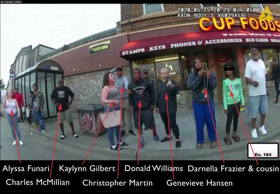 The bystanders who have testified at the murder trial of Derek Chauvin. (Video grab of evidence via Reuters Video, annotated and adjusted to protect a minor by Yahoo News.