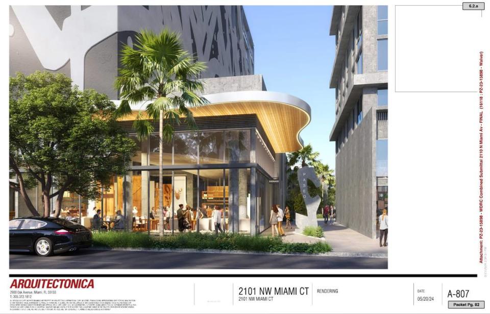 An architectural rendering of the parking podium of a 48-story tower proposal in Wynwood from Bazbaz Development under the state Live Local Act, which preemps local zoning controls. The proposal calls for 544 apartments atop the massive garage. Members of the Wynwood Design Review Committee rejected the plan because of the continuous glass fronts along the sidewalk, which they say violate neighborhood guidelines.