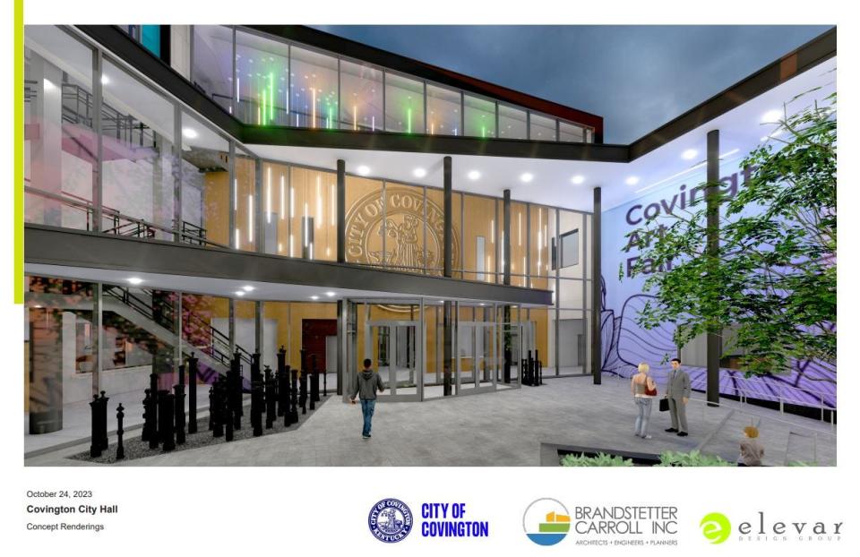 Covington's new city hall will feature a public plaza, limestone finish, a local art wall, and space for the site to keep growing, according to plans shown to the public for the first time Tuesday night.