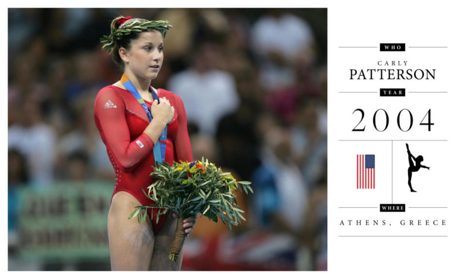 In Athens, the red leotard made a return, this time with embellishments for added sparkle. Here, Carly Patterson wins the gold in the women’s all-around.